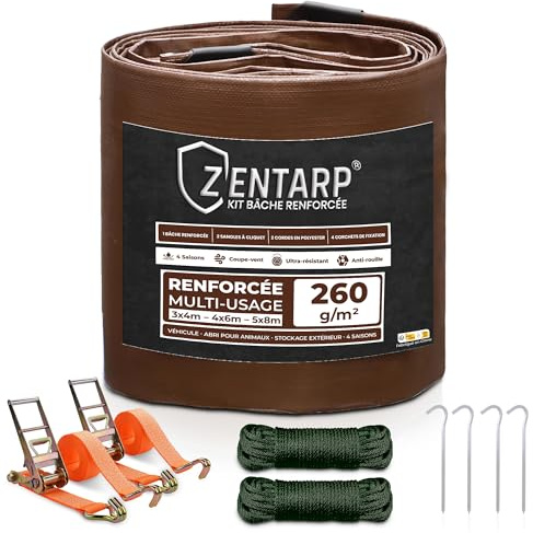 ZENTARP Bâche de Protection extérieure renforcée 260 g/m² – Étanche & Anti-UV – Kit Complet avec Sangles + Cordes + Crochets – Idéal remorque, Salon de Jardin, Piscine, abri Animaux (3x4m)