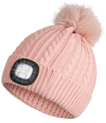 Shedoo Mütze mit Led Licht, Winter Wärmer Strickmütze für Damen und Mädchen, USB Wiederaufladbare LED Beleuchtete Beanie Mütze mit Licht, LED Licht Mütze für Jogging, Camping, Angeln, Walking