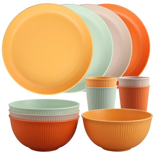Tanice Camping Plates and Bowls Set, 12PCS Plastic Dinner Set, Picnic Plates and Bowls for 4, Plastic Dishes Set with Pltaes, Bowls, Cups for Kitchen, Outdoor Camping (Beige+Green+Yellow+Orange) | Includes Cups, BPA-free Plastic, Dishwasher Safe, 4 Colors Beige+Green+Yellow+Orange, for Backyard Kitchen Travel