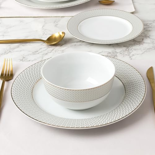Waterside 12pc Diamond Decor with Gold Band Porcelain Dinnerware Set; 4 Dinner Plates, Side Plates and Deep Bowls