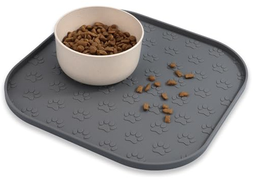 Tappetino quadrato per ciotola per cani e gatti, tappetino per cibo per cani, in silicone, impermeabile, antiscivolo, con bordo (grigio, 28 x 28 cm)