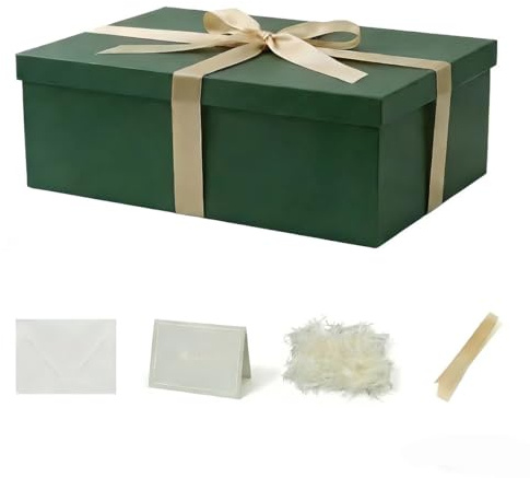 KdmNzoo Geschenkbox mit Deckel 31 x 21 x 11 cm groß, Geschenkbox mit Schleifen, Grußkarten, Raffia Hamper Shreds für Grün