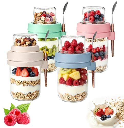 Chingcoo müslimugg to go med sked, 4 stycken yoghurtkoppar med toppbehållare, övernattnings-oats glas, läckagesäker müsli to go mugg för yoghurt, müsli, sallad, meal prep frukostkopp 45 ml