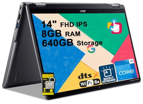 acer Chromebook Plus Spin 514 Laptop 2 en 1 de 14 pulgadas FHD IPS pantalla táctil (100% sRGB) Intel 10-core i5-1334U 8GB RAM 640GB almacenamiento (SSD de 512GB + tarjeta SD de 128GB) retroiluminado