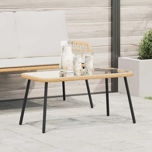 zylophax Couchtisch Braun und Schwarz 90 x 45 x 43 cm Poly-Rattan Gartentisch wetterfest mit Glasplatte, Outdoor Tisch für Balkon Terrasse, Loungetisch Outdoor, Terrassentisch Außen