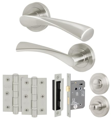 EAI Satin Nickel Door Handles with Bathroom Lock 64mm - Novoli | Complete Bathroom Kit with 1 Pair of Door Handles, 64mm Lock and Thumb Turn Set, Fixings Included