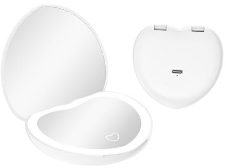 QUMOX Specchio Trucco LED Portatile, Specchietto Compatto da Borsa a Forma di Cuore con Luce, Ingrandimento 1X e 2X, 3 Modalità di Illuminazione, Regolazione Continua della Luminosità, Ricarica USB-C