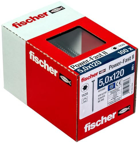 fischer PowerFast II CTP 5,0 x 120, Spanplattenschraube (100 Stk.) mit Teilgewinde, Senkkopfschraube mit Innenstern, Schraube für Holzverarbeitung, reduziert Einschraubwiderstand & Einschraubzeit