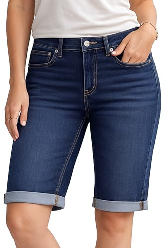 NOROZE Womens Denim Shorts – Ladies Knee Length Stretch Jean Shorts with Pockets – Rolled Hem Summer Bermuda Shorts for Women UK – Lightweight Casual Fit – Sizes 8 to 20