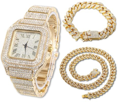 HALUKAKAH Diamant Montre en Or, Hommes Plaqué Or Réel 18K 40MM Large Carré Cadran Quartz Bracelet 24cm avec Lien Cubain Chaîne 20+45cm Collier Bracelet Set, avec Boite Cadeau