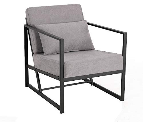 Mingone Sessel Gepolsterter Cocktailsessel Polstersessel Stuhl Relaxsessel aus Leinen Loungesessel mit Handläufen Eisengestell für Wohnzimmer, Hellgrau 1