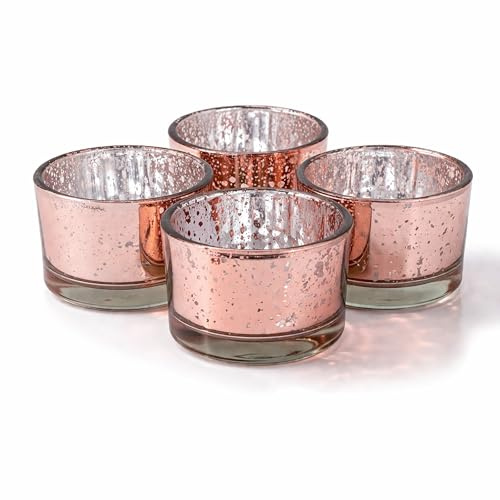 Teelichtgläser 5,1 x 3,3 cm Glas 4er Set - runde Teelichthalter für Teelichter bis 38 mm - Kerzengläser für kleine Kerzen bis Ø 4 cm - Rosegold metallic