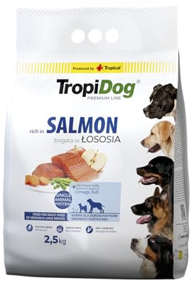 Cibo secco premium completo per cani ricco di salmone con riso per razze adulte di taglia media e grande 2,5kg