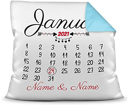Kissen Kalender selbst gestalten - mit anpassbarem Jahrestag - mit Namen & Datum bedrucken - Geschenk Valentinstag, Liebe, Jahrestag, Fotokissen inkl. Füllung - Farbkissen Rückseite Hellblau, 40x40 cm