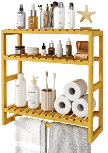 Galood Over The Toilet Storage Bathroom Shelves Wall Mounted 3 Tier Space Saver Corner Shelf Organizer Bamboo Towel Rack Toilet Paper Cabinet with Hanging Rod Yellow