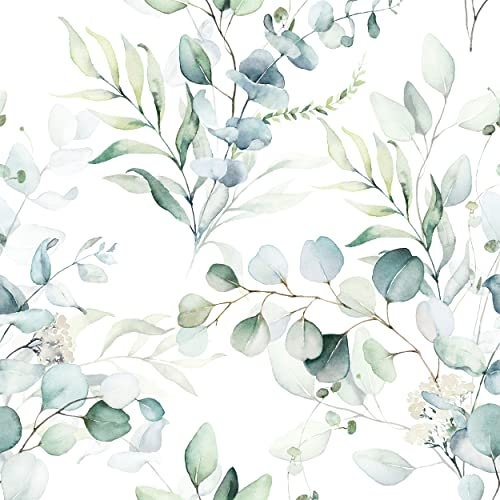 decomonkey Fototapete | Tapetenrolle 10 m Tapete Vliestapete Deko Panel Modern Design Wanddeko Wandtapete Wohnzimmer Schlafzimmer | Design WeiÃŸ Blumen Natur Pflanzen Laub Grün Blätter Blau