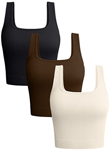 OQQ Damen 3-teiliges Tank-Top Gerippt Nahtlos Workout-Shirts Yoga Bauchfreies Top