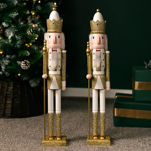 Marco Paul Grand casse-noisette traditionnel de luxe doré et blanc - Décoration de Noël en bois d'intérieur - Grande statue de Noël festive - Décoration fantaisie (2 x casse-noisettes dorés)