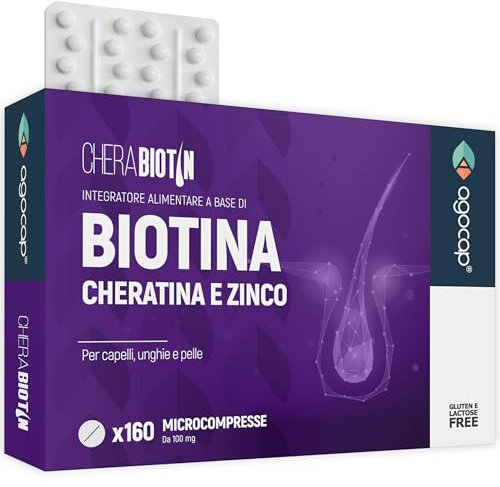 Cherabiotin, integratori a base di Biotina, Cheratina e Zinco. Vitamine per unghie e pelle. crescita capelli e anticaduta donna. 160 micro compresse, 5 MESI DI FORNITURA