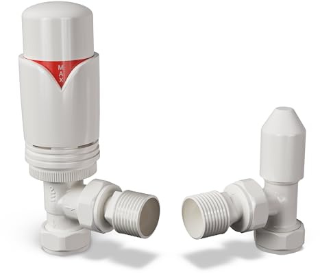 UK Radiators Thermostatic Radiator Valve 1/2 x 15mm - Derry Bold TRV | White Finish - Solid Brass 1/2 x 15mm Angled - Lockshield Included, Easy Installation