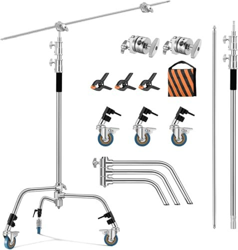Soonpho C Stand 3 m en acier inoxydable Heavy Duty avec perche 330 cm et 130 cm Kit de bras de fixation 4 têtes de préhension réglables, trépied de lumière, pour boîte à lumière, studio