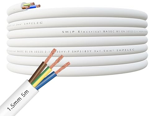SHPELEC® FLEXIBLE White Cable 3183Y 0.75mm, 1.0mm, 1.5mm, 2.5mm BASEC Approved White PVC LED Lighting 5m 10m 15m 20m 50m (1.5mm 3 Core - 5metres)
