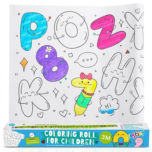 Festicy Selbstklebendes Malpapier 3 m I Ausmaltischdecke Kinder Malrolle, 3 Meter zum Ausrollen, Ausmalen und Aufkleben I Malrolle für Kinder I DIY Malposter, schneidbare Zeichenrolle ABC und ZAHLEN