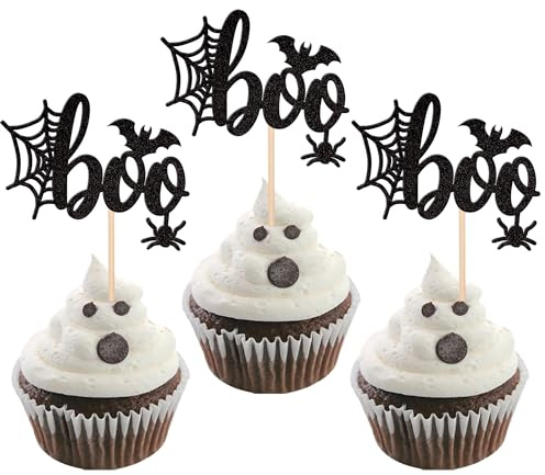 24 PCS Halloween Boo Cupcake Toppers Glitter Spider Web Bat Cupcake Picks for Halloween Boo Theme Baby Shower Birthday Party Cake Decorations Supplies