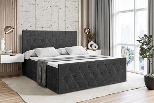 ALTDECOR Boxspringbett mit Matratze und Lattenrost, Boxbett, Fußteil, Topper, Polsterbett mit Bettkasten, Bett mit Stauraum H3-Matratze, Doppelbett, Springboxbett -VELANTO - 180x200 - Schwarz Samt