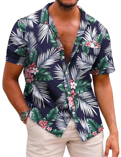 COOFANDY Hawaii-skjorta för män, kortärmad skjorta, sommarskjorta, fritid, blommor, skjorta, semester, strandskjorta, skrynkelfri, knäppning, skjortor, normal passform, B-palmblad, M