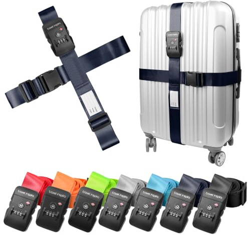 travel inspira Cinturón para Maletas de Viaje Cruzado con Cerradura TSA, Correa de Equipaje Ajustable con Candado de 3 Dígitos y Tarjeta de Identificación, Capacidad 20-32 (Azul Marino)