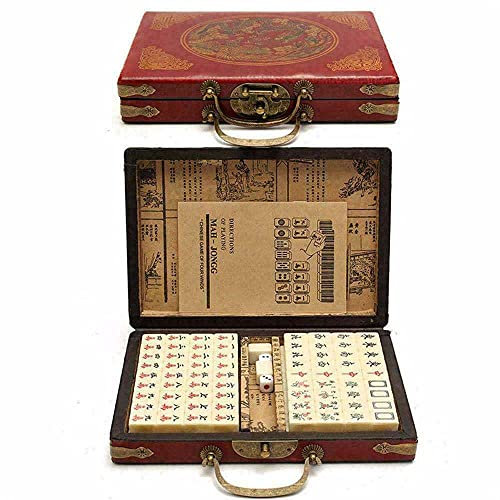 Taitus Mahjong-Set im Vintage-Stil, 144 Fliesen, schönes Mah-Jong-Set, tragbares Mahjong-Spielset mit Vintage-Mahjong-Leder-Tragetasche und englischer Anleitung (evtl. nicht in deutscher Sprache), für