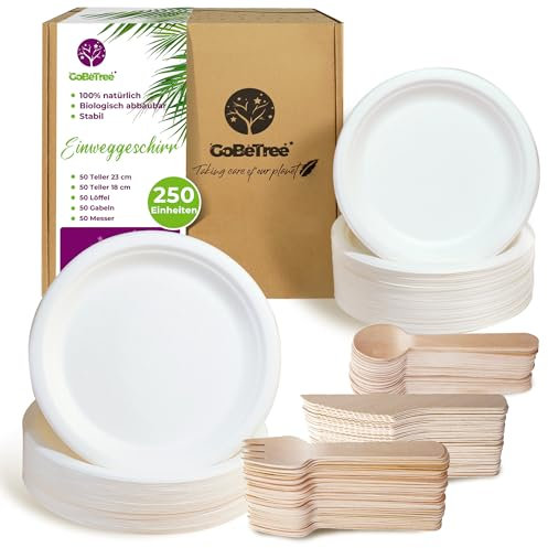 GoBeTree Stoviglie Usa e Getta da 250 pezzi per 50 persone, Piatti Usa e Getta in Canna da Zucchero e Posate Usa e Getta in Legno, Per Compleanni Infantili, Feste e Barbecue