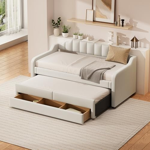 Lcoho Daybett, Schlafsofa, gepolstertes Einzel-Tagesbett mit Rollbett, Tagesbett mit Schubladen (Beige)