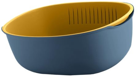 SHOWERORO Cesta de Drenaje de Plástico de Doble Capa Colador de Diseño Ovalado Portátil para Uso Doméstico 2 Piezas Color Azul Oscuro y Amarillo