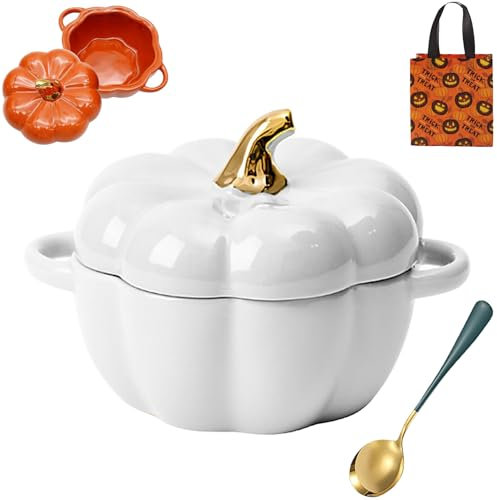 Oven Safe Pumpkin Bowls, Pumpkin Dutch Oven Pot with Lid, Mini Baking Dish Cute Pumpkin Bowl, Ceramic 0.75-Qt Petite Pumpkin, Oven & Stove Safe up to 572°f, Pumpkin Dish (White)