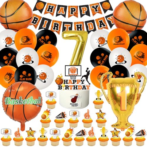 Palloncini Basket 7 Anni, Decorazioni Compleanno 52 Pezzi, Kit Tema Pallacanestro per Bambini Con Decorazione Torta, Banner e Forniture per Feste