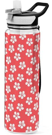 Mnsruu Transparente Sport-Wasserflasche mit Strohhalm, auslaufsichere Trinkflasche, rote Hawaii-Blumen, Fahrradflaschen für Sport, Büro, Schule, BPA-freier Tritan-Kunststoff, 1 Liter