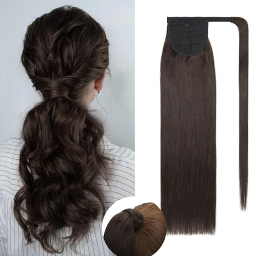 Rich Choices Pferdeschwanz Haarteil Echthaar Extensions Ponytail Extension mit Klettband 45cm #2 Dunkelbraun Ponytail Zopf Extensions Haarverlängerung Echthaar Remy Seidig Gerade Extension