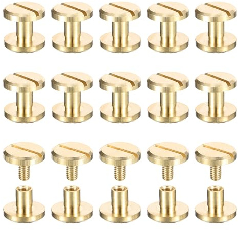 sourcing map 20Pack Brass Chicago Screws, 4x5x10mm Flower Texture Flat Head Screw Back Binding Post Nail Stud Rivets Fastener for DIY Leather Craft Belt Strap, Gold