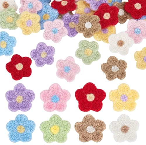 FINGERINSPIRE 48 Stück Gehäkelte Gänseblümchen Blume 8 Farben Gehäkelte Blumen Applikation Garn Strickblumen Aufnäher Handgefertigt Gehäkelte Blumenverzierungen Blumen Aufnäher Für Hüte Basteln