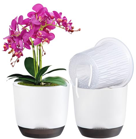 QCQHDU Lot de 2 pots à orchidées, grands pots à orchidées à arrosage automatique de 14,7 cm pour l'intérieur, pots en plastique transparent avec trous et réservoir d'eau détachable (blanc)