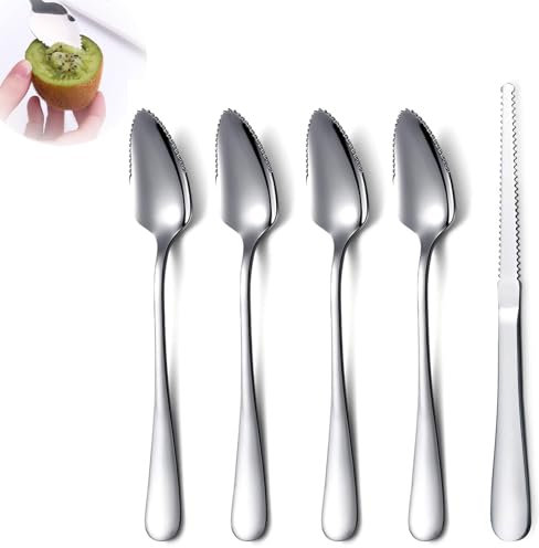 Grapefruitlöffel 5-Teiliges Set,4 Edelstahl Grapefruit Löffel und 1 Grapefruitmesser,Kiwi Löffel,Babynahrungsergänzung Fruchtlöffel,Dessertlöffel,Obstlöffel mit Wellenschliff,für Kiwi,Grapefruits