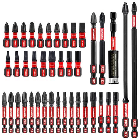 Geinxurn 41tlg. Schlagfester Schrauber Bit Set (PH-, TX-, PZ-, SL-, Hex-), 1/4 zoll Sechskantschaft S2 Legierter Stahl Bitsatz mit 75mm Magnetische Bit-Halter