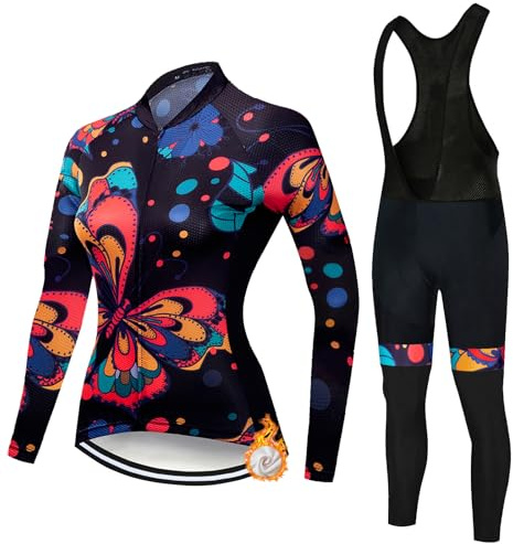 Completo Ciclismo Donna Invernale Abbigliamento Bici MTB Tuta Ciclista Termico Vello,Maglietta Bicicletta Giacca Manica Lunga e Salopette Pantaloni con 19D Gel Imbottiti,Completi Maglia Ciclo|1,XL