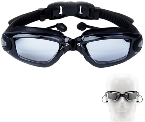 Lunettes de Natation Adultes Antibuée, Verres de Natation Professionnelles, Larges Verres de Piscine, Haute Définition, avec Joint en Silicone et Bouchons d'Oreille pour Hommes, Femmes, Noir, 1 Pièce
