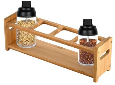 Wooden Oil Container Stand - 4 Slot Countertops Oil Dispenser Organizer, 6cm Spices Storage Rack | Non-Slip Spices Holder Vinegar Container Shelf Jar Rack Organizer for Kitchen Surfaces Worktop