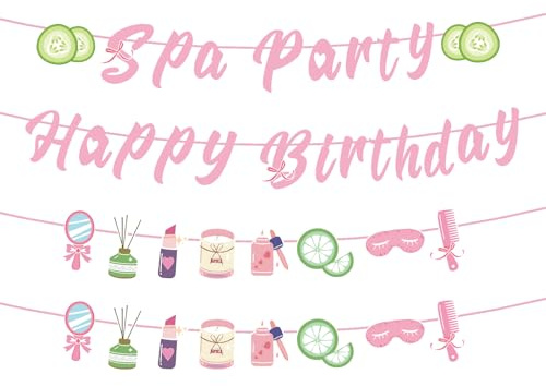 Tinoaly Spa-Party-Dekorationen, Vorbespannt Rosa Happy Birthday Banner und -Schild Perfekt für Mädchen Frauen Spa-Tag Pyjama-Party Schlummertrunk oder Make-up-Thema Partyzubehör für Geburtstage