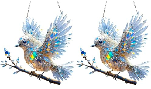 2PCS Gloryboom Spirit Bluebird, Solymall/Graddi/Yifare Spirit Bluebird, Libiyi Crystal Sky Bluebird Stained Art Ornament, Birds on A Branch Suncatcher, Stained Birds Hanging Decoration for Window Home