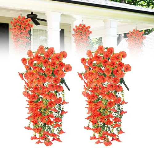 LUMOOM 2 Stück Künstliche Hängepflanzen, Kunstpflanze Petunien, 75cm Kunstblumen Hängend für Balkon und Außen, Hängepflanze Dekoration, für Haus Garten Büro Wanddekoration (orangefarbene Farbe)